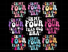 four year old birthday card with the words four and four in different colors on black background