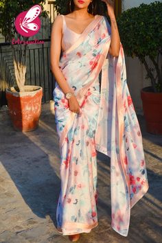 Multicolored Printed Satin Georgette Peach Satin Taping Saree