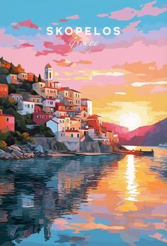 a painting of a town on the shore with water and mountains in the background that says skopelos