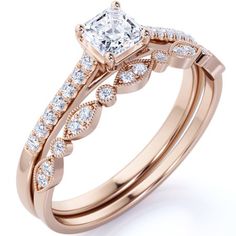 a rose gold engagement ring set with a princess cut center stone surrounded by small diamonds