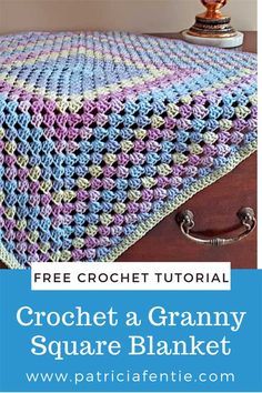 a crochet granny square blanket with text overlay