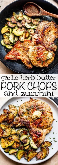 grilled pork chops and zucchini with garlic herb butter