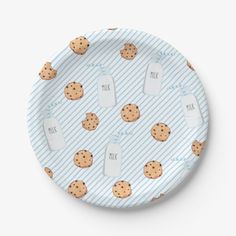 a paper plate with cookies on it and milk in the jar printed on it,