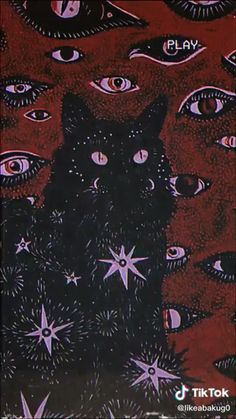 a black cat surrounded by stars and eyes