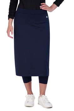 This midi-length Snoga was designed for those gals that are either tall or just want more coverage. This skirt is a soft pencil shape that is not hugging and has ¾ length attached leggings to ensure that you are covered while either doing the sport of your choice, traveling, or just running around doing errands. The material is a high performance quick drying fabric that is chlorine safe so it is suitable for water sports. You can add a t-shirt or sweater and this style can take you anywhere. We Stretch Full Length Bottoms For Daywear, Full Length Smoothing Leggings, Fitted Versatile Capri Length Bottoms, Solid Color Elastane Capris, 4-way Stretch Capri Leggings, Stretch Mid-thigh Length Bottoms For Work, Stretch Mid-thigh Length Workwear Bottoms, Versatile Pencil Skirt With Elastic Waistband, Versatile Stretch Capri Length Bottoms