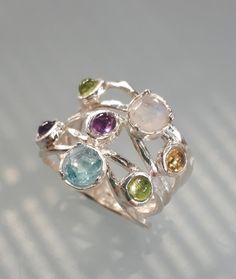 Multistone Ring ,Silver Statement Ring ,Gemstones Ring ,Moonstone Ring ,Friendship Ring ,Amethyst Ri Multistone Ring, Friendship Ring, Ring Moonstone, Friendship Rings, Ring Birthstone, Statement Ring Silver, Peridot Ring, Silver Rings Handmade, Multi Stone Ring