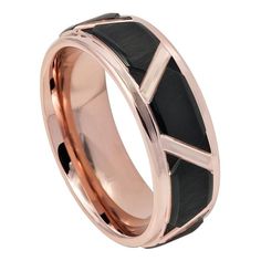 Brushed Trapezoid Center High Polished Rose Gold IP Grooves & Stepped Edge - 8mm Trapezoid Ring, Gold Tungsten Wedding Bands, Rose Gold Tungsten Ring, Rose Gold Tungsten, Mens Wedding Bands Tungsten, Tungsten Carbide Wedding Bands, Tungsten Wedding Band, Black Wedding Band, Rings Mens Wedding Bands