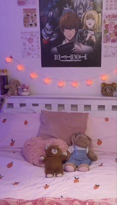 two teddy bears sitting on top of a bed in a room with posters and lights