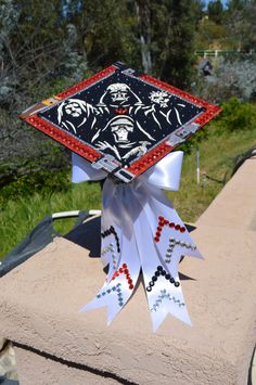 a graduation cap decorated with skulls and crossbones sits on a cement ledge outside