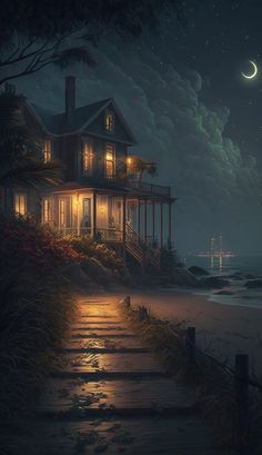 a painting of a house by the ocean at night