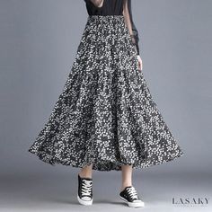 Lasaky - Beautiful Semi-Sheer Maxi Dress with Floral Pattern Non-stretch Tiered Skirt Spring Dress, Black Flowy Maxi Dress For Spring, Spring Black Flowy Maxi Dress, Black Flowy Skirt Maxi Dress For Spring, Black Flowy Skirt For Spring, Long Skirt For Women, Sheer Midi Skirt, Long Flowy Skirt, Sheer Maxi Dress