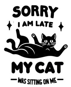 a black cat laying on its back with the words sorry i am late my cat was sitting