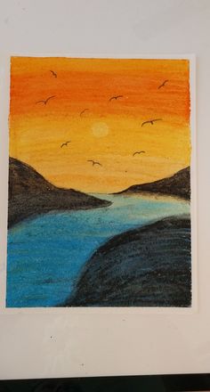 a drawing of birds flying over the ocean at sunset or sunrise with water and hills in the background