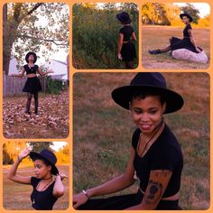 a collage of photos with a woman in a black dress and hat on the ground