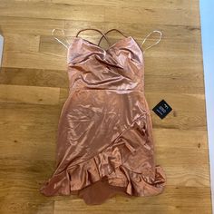 Lulu's Satin Rose Gold Ruffled Bodycon Mini Dress Rose Fitted Dresses With Ruffles, Fitted Rose Dress With Ruffles, Satin Mini Dress With Ruffle Hem For Date Night, Rose Party Dress With Ruffles, Backless Lace Dress, Ruffle Bodycon, Dresses Satin, Mini Sheath Dress, Red Bodycon Dress