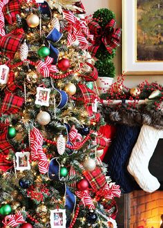 a christmas tree decorated with red, white and green ornaments