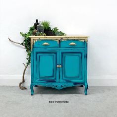 a blue cabinet with plants on top of it