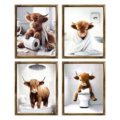 four pictures of cows in the bathroom with towels on their heads, and one is holding a roll of toilet paper