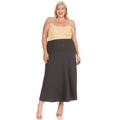 Product Description: Plus size, Solid, high waisted, A-line, midi skirt with elastic waist. Suitable for stay at home, office, party, homecoming, dancing, wedding, evening and other occasions anytime you want to feel your best! Approx Length: 39 in from waist to hem. Waist: 31 in Model is wearing a size XL Size Chart(Inches) / MSK01607 1XL => Length: 39 / Waist: 30-32 2XL => Length: 39.5 / Waist: 32-34 3XL => Length: 40 / Waist: 34-36 Color: Gray.  Gender: female.  Age Group: adult. Dancing Wedding, Skirt With Elastic Waistband, Moa Collection, High Waisted Flares, Office Party, Work Wear Women, Charcoal Color, Plus Size Casual, Black Skirt