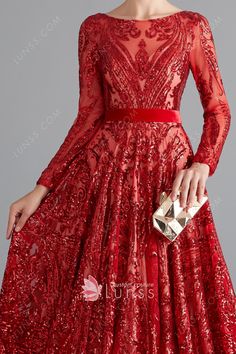 Red Sequin Ball Formal Gown Long Sparkle Prom Dress - Lunss Ball Gown Long Sleeve, Flounce Pattern, Red Formal Gown, Gown Long Sleeve, Sequin Ball Gown, Sparkle Prom Dress, Bardot Midi Dress, Dress Train, Red Dress Maxi