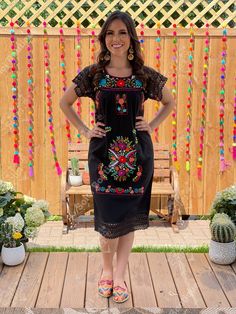 This Beautiful Floral embroidered Dress is the perfect dress to add to your wardrobe. Its cute enough to dress up for a party or everyday wear! It's lightweight, handmade out of Fine Mexican cotton, has beautiful details crocheted throughout and is lined in lace. This dress is handmade and hand embroidered by Mexican Artisans in Puebla, Mexico. Purchase the shoes modeled here: https://www.etsy.com/es/listing/827076671/huarache-megan-artesanal-mexicano-zapato?ref=listings_manager_grid Mexican Fiesta Dresses, Outfit Mexicano, Lace Sleeve Dress, Traditional Mexican Dress, Fiesta Dress, Dress Traditional, Floral Ruffle Dress, Mexican Dress, Floral Halter Dress