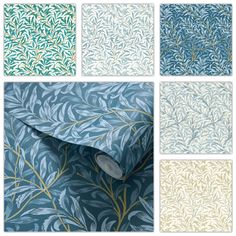 four different wallpapers with blue and green leaves on them, all in various colors