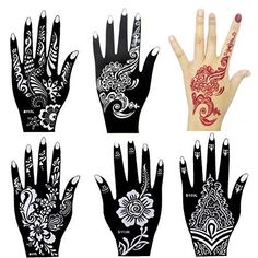 six different hand tattoos with designs on them