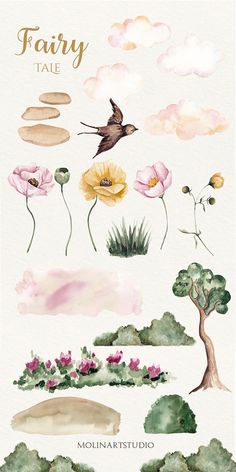 watercolor painting with flowers and birds in the sky