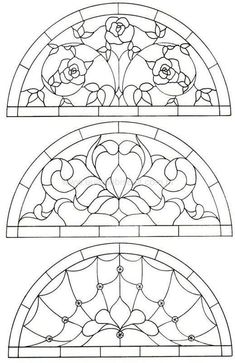 three stained glass windows with flowers and leaves on them, each one in black and white