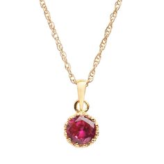 "Pendant Details: Pendant length: .53 in. Necklace length: 18 in. Clasp: spring-ring Metal: 14k gold over sterling silver Stone Details: Stone type: lab-created ruby Cut: round Setting: prong  Size: 18"". Color: Red. Gender: female. Age Group: adult." Classic Necklace With Lab-created Ruby, Formal Ruby Birthstone Necklace, Classic Ruby Necklace With Diamond Cut, Classic Ruby Necklace With Prong Setting, Red Birthstone Necklace, Formal Red Round Pendant Birthstone Necklace, Classic Formal Necklace With Lab-created Ruby, Classic Round Lab-created Ruby Necklaces, Formal Red Birthstone Necklace With Round Pendant