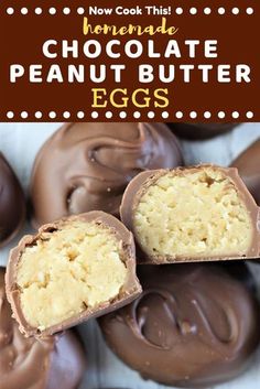 chocolate peanut butter eggs with text overlay