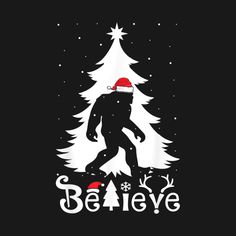 a christmas tree with a bigfoot on it and the words believe written in white