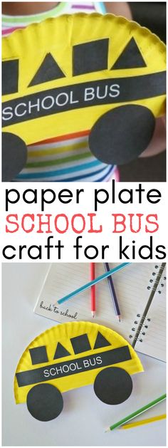 paper plate school bus craft for kids to make with construction paper plates and crayons