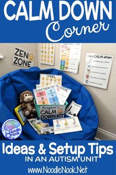 a blue chair with books on it and the words calm down corner written in white