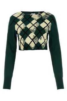 Bottle Green Cotton Sweater Burberry Sweater, Cropped Crewneck, Argyle Pattern, Cropped Pullover, Cotton Pullover, Pattern Sweater, Burberry Women, Emilio Pucci, Green Sweater