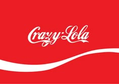 the word crazy cola on a red background with white swirls and an orange stripe