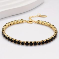 Elegant Personality Black Zircon Chain Bracelet, 18k Plated Classic Tennis Bracelet For Women Girls, Anniversary Wedding Jewelry Elegant Black Chain Bracelet With Adjustable Chain, Party Gold Bracelet With Adjustable Chain, Elegant Black Bracelet With Adjustable Chain, Elegant Tennis Bracelet With Adjustable Chain For Party, Elegant Black Chain Bracelet As Gift, Black Adjustable Elegant Gold Bracelet, Elegant Black Bangle Gold Bracelet, Adjustable Chain Tennis Bracelet For Party, Elegant Adjustable Black Gold Bracelet