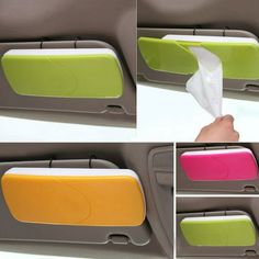 four different pictures of tissue dispensers in the back seat of a car