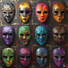 many different colored masks are arranged on a black background, each with an intricately detailed design