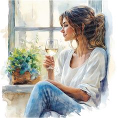 a watercolor painting of a woman holding a glass of wine looking out the window