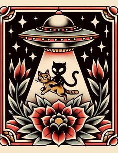 an image of a cat flying in the sky with a spaceship above it and flowers