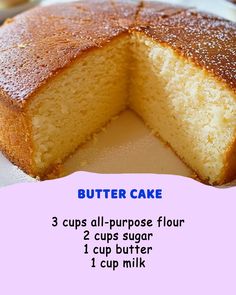 a cake that is cut in half on a plate with the words butter cake below it