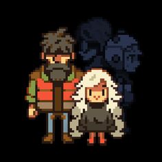 two pixel characters standing next to each other