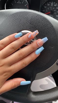 Blue Nails With Flowers Acrylic, Blue Quinceanera Nails Short, Blue Spring Nails Acrylic, Blue 3d Flower Nails, Pretty Blue Nails Acrylic, Blue Coffin Nail Ideas, Blue Nails With Flowers, 3d Flower Nails, Hello Nails