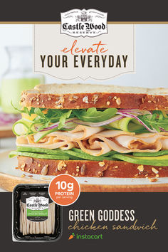 an advertisement for green goddess sandwiches on a plate