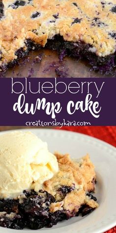 blueberry dump cake on a white plate with ice cream in the middle and one slice missing