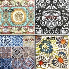 four different types of decorative tiles in various colors and patterns, with the same design on each