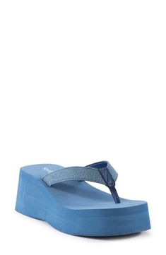 Wide straps and a cushioned footbed bring breezy comfort to this on-trend flip-flop set on a chunky platform. 2 1/4" heel; 1 1/2" platform Textile or synthetic upper/synthetic lining and sole Imported Synthetic Toe Post Platform Slippers With Textured Footbed, Casual Blue Platform Slippers For Summer, Summer Foam Flip Flops With Round Toe, Summer Open Toe Foam Flip Flops, Summer Foam Flip Flops With Open Toe, Blue Synthetic Platform Slippers For Summer, Summer Synthetic Platform Slippers With Arch Support, Synthetic Summer Platform Slippers With Arch Support, Trendy Wedge Heel Synthetic Flip Flops