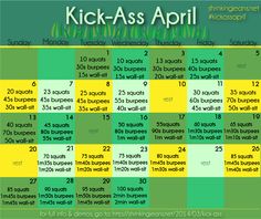 a green and yellow calendar with the dates for kick - asss in each month