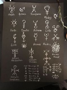 a piece of black paper with white writing on it that has various symbols written in different languages